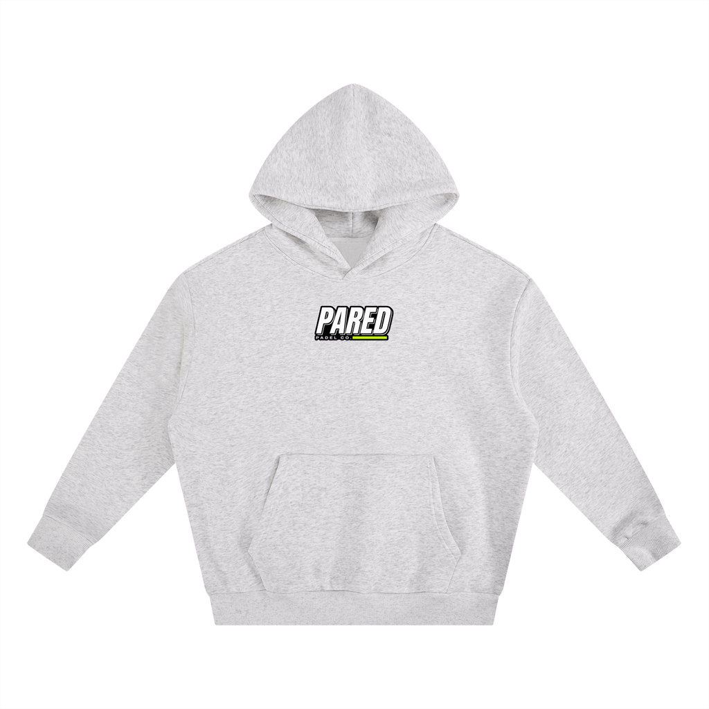 PARED Wall Hoodie — padel court lifestyle, hood up