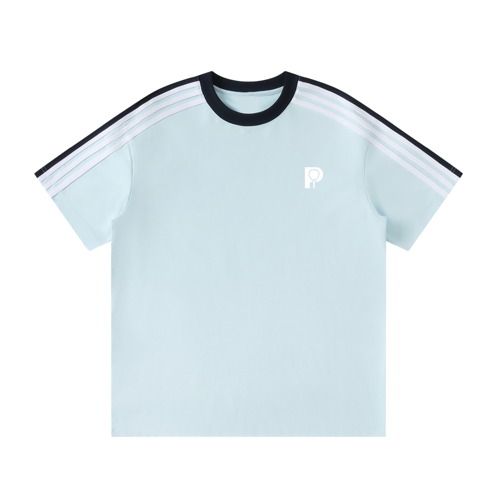 PARED Serve Tee in Sky Blue — striped unisex padel tee, front view