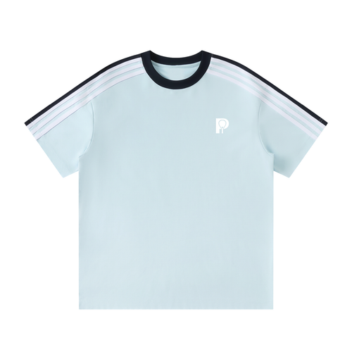 PARED Serve Tee in Sky Blue — striped unisex padel tee, front view