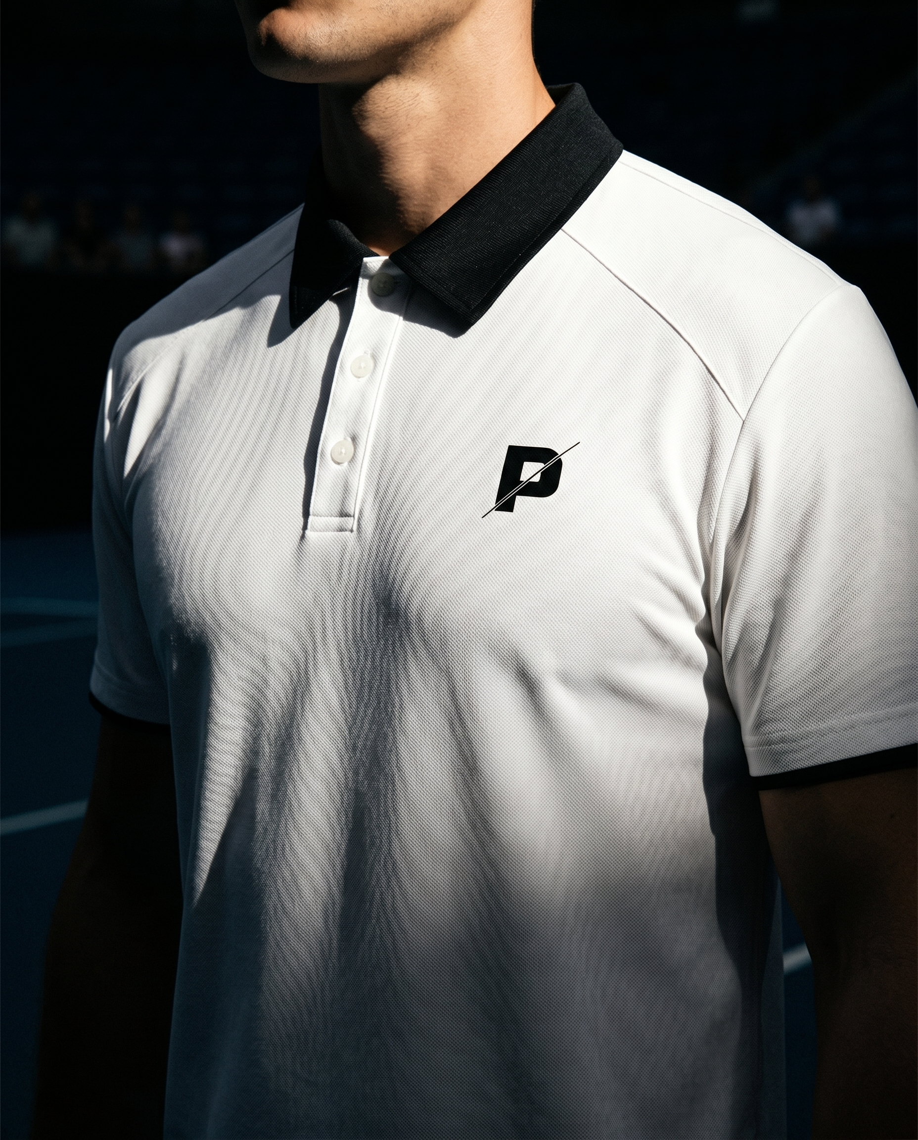 PARED Court Polo — editorial lifestyle shot on padel court